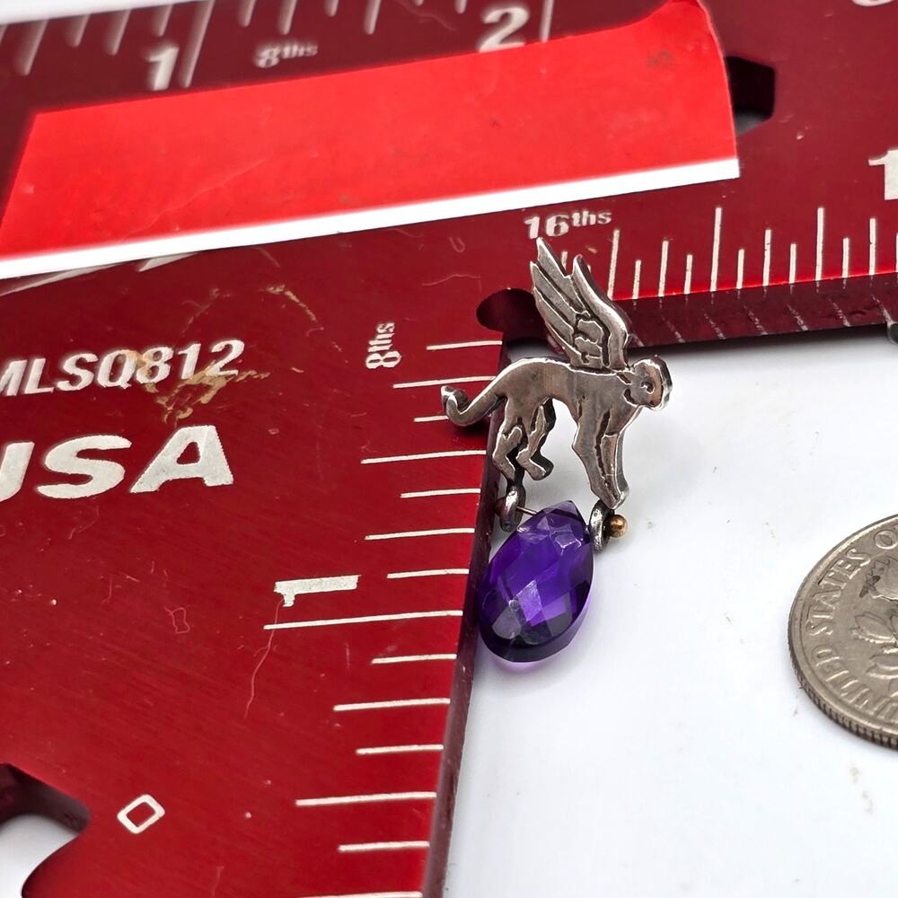 Earrings Art Deco Amethyst Monkey Cat ? Wings Sterling Small Vintage Studs S3156 - Picture 9 of 9